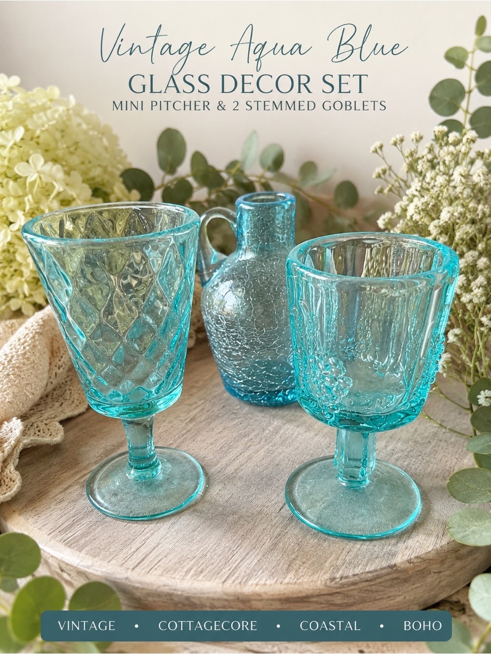 Vintage Aqua Blue Glass Decor Set – Mini Pitcher & 2 Stemmed Goblets / Vases